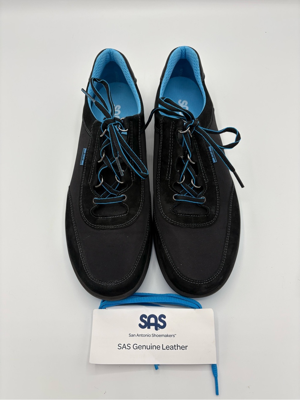 SAS Sporty Black Blue Leather Walking Shoes Women’s 10.5M USA Made Lace Up NWOB